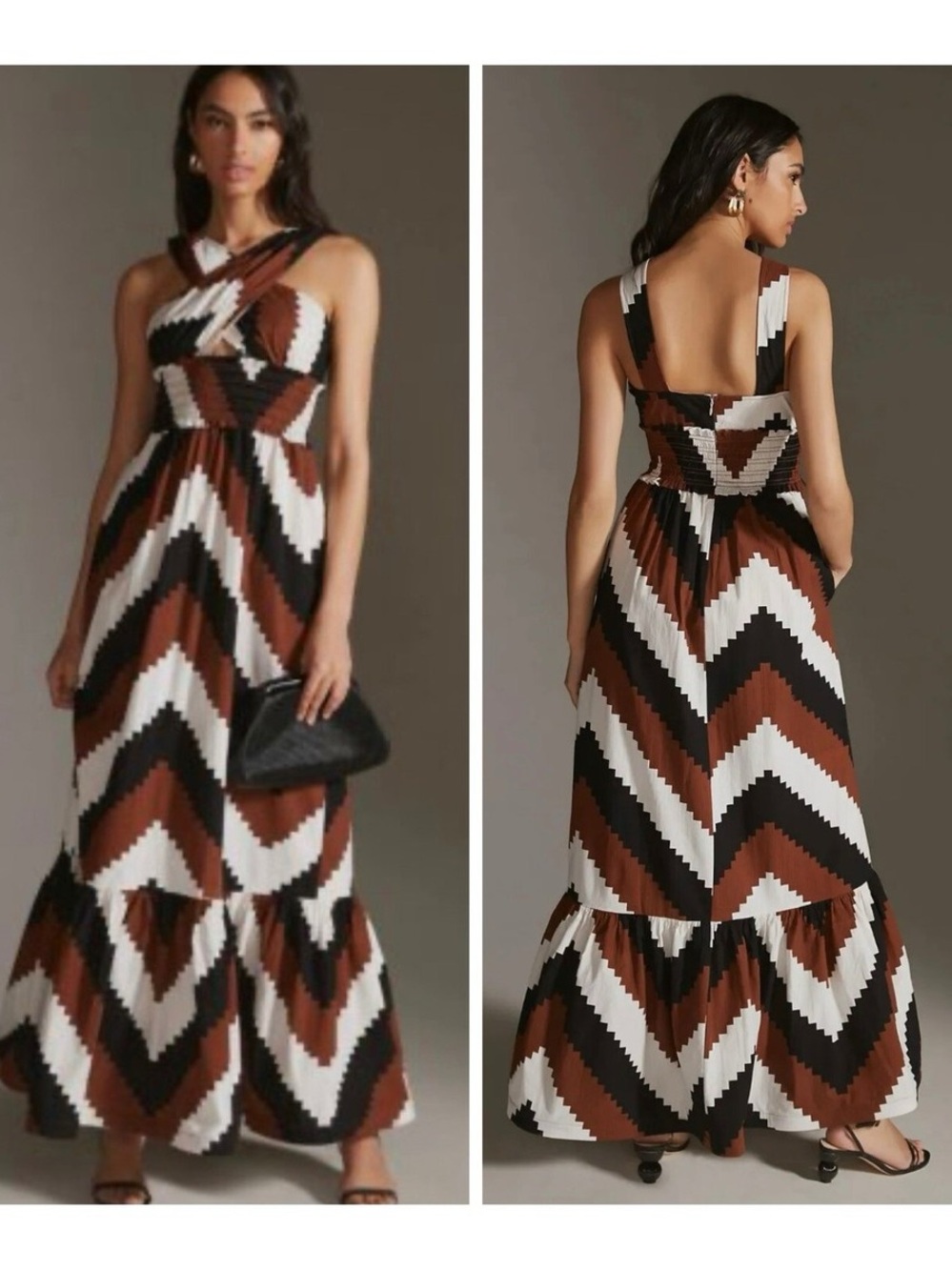 New Anthropologie XL PLENTY BY TRACY REESE Halter Maxi Dress Chevron Black